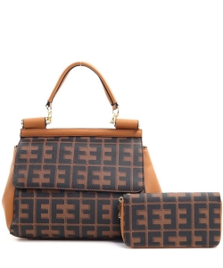 2in1 Fashion Faux Leather Geometric Satchel Handbag EE-9113W BROWN